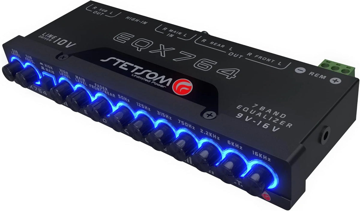 EQX764 7 Band Equalizer, Pre-Amp Car Audio Graphic Equalizer with 4 Inputs (RCA & High) 6 Outputs, 10v Line Driver to Avoid Noise and Dedicated Sub Controls (Level & Frequency)