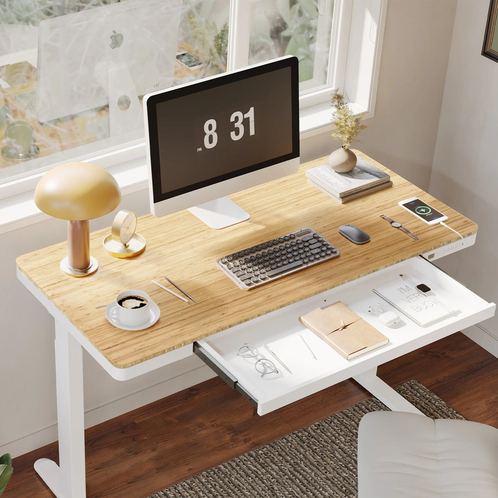 FLEXISPOT 48" W Home Office Height Adjustable Standing Desk White and Maple with USB Charge Ports and Embedded Drawer