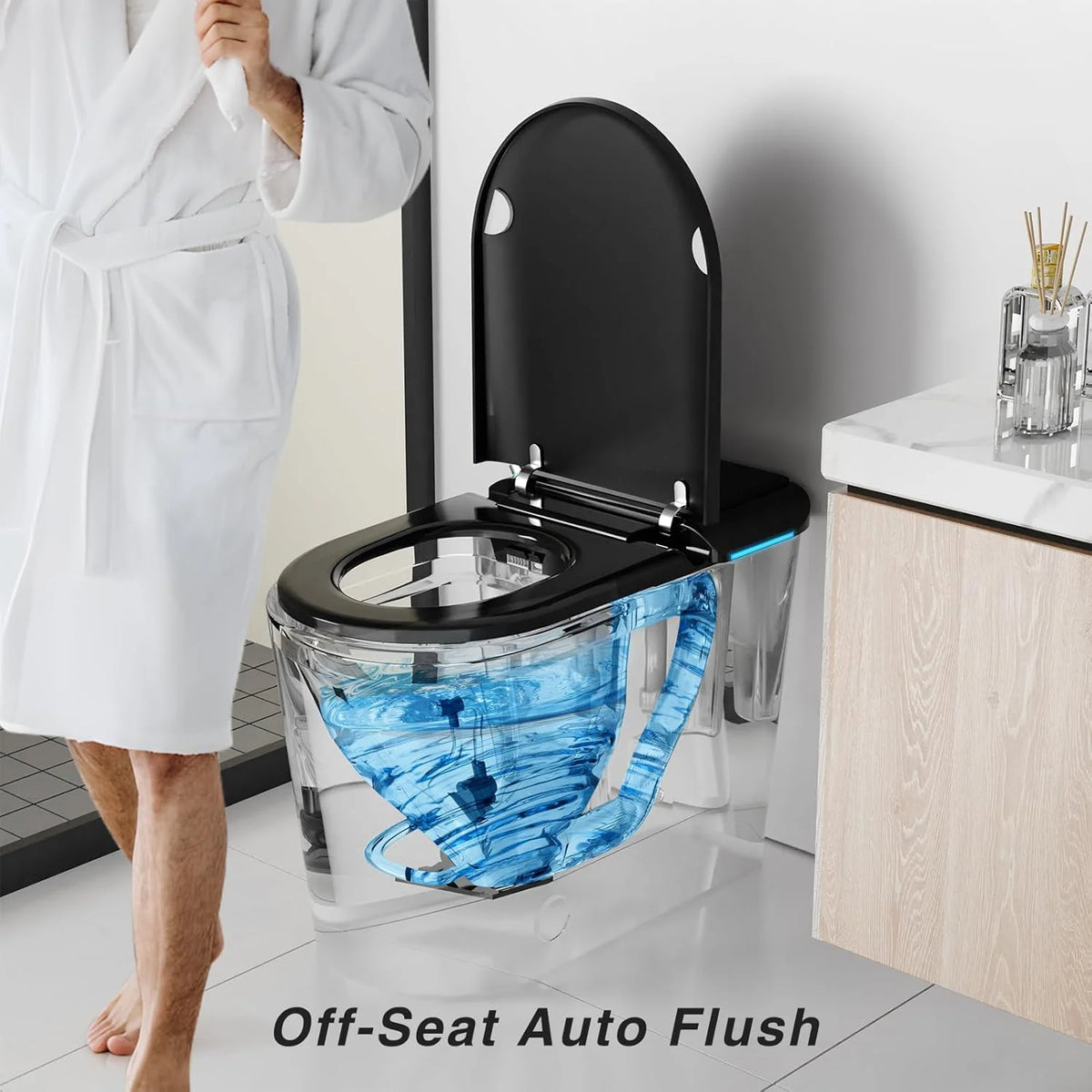 LALAHOO Smart Toilet with Bidet Built in, Auto Open & Close, Elongated Heated seat, Foot Sensor Flush, LED Display, Warm Water Wash, Dryer, Night Light, Black