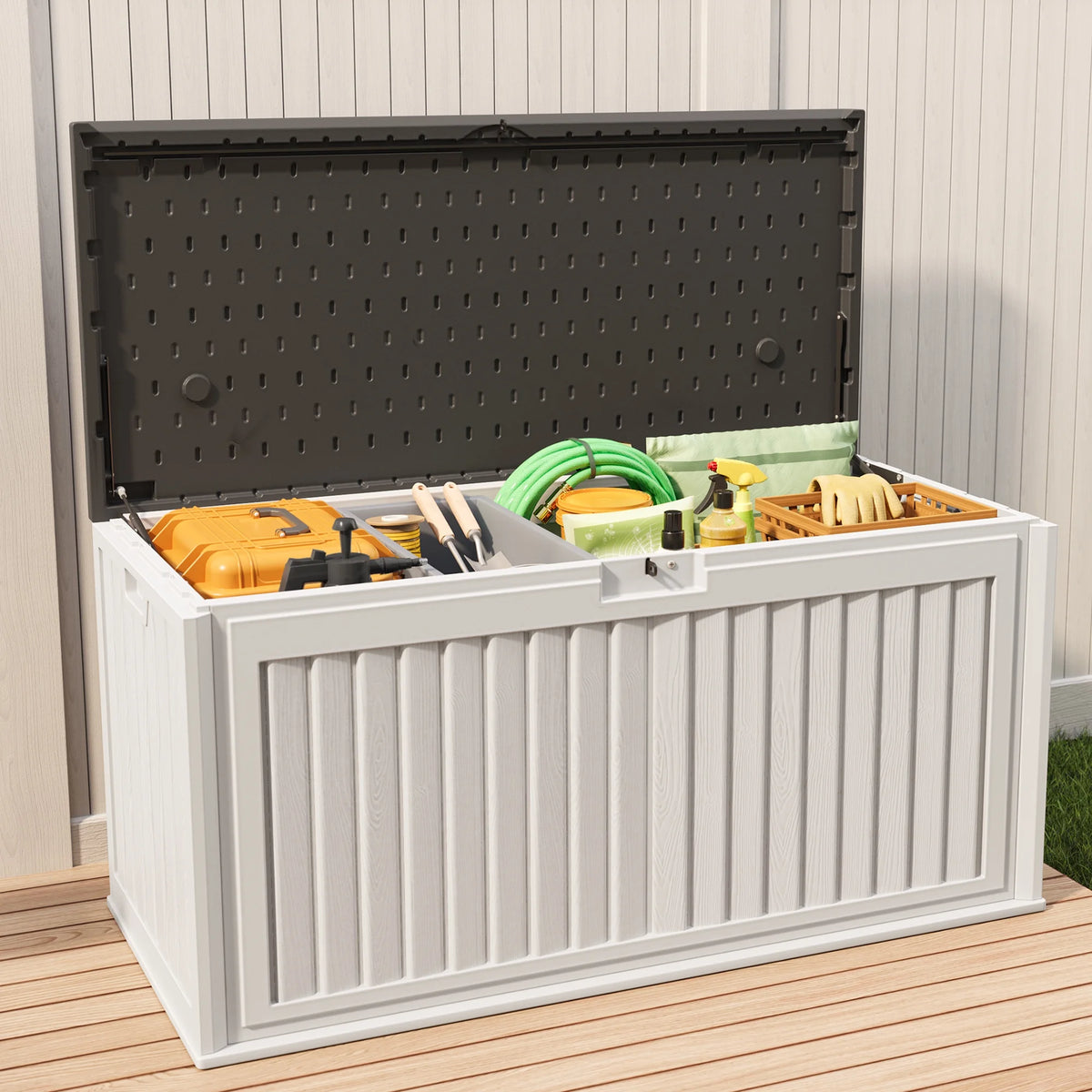 100 Gallon Resin Deck Box, Asofer Lockable Patio Outdoor Storage Box, Garden Tools Storage, Beige/Brown