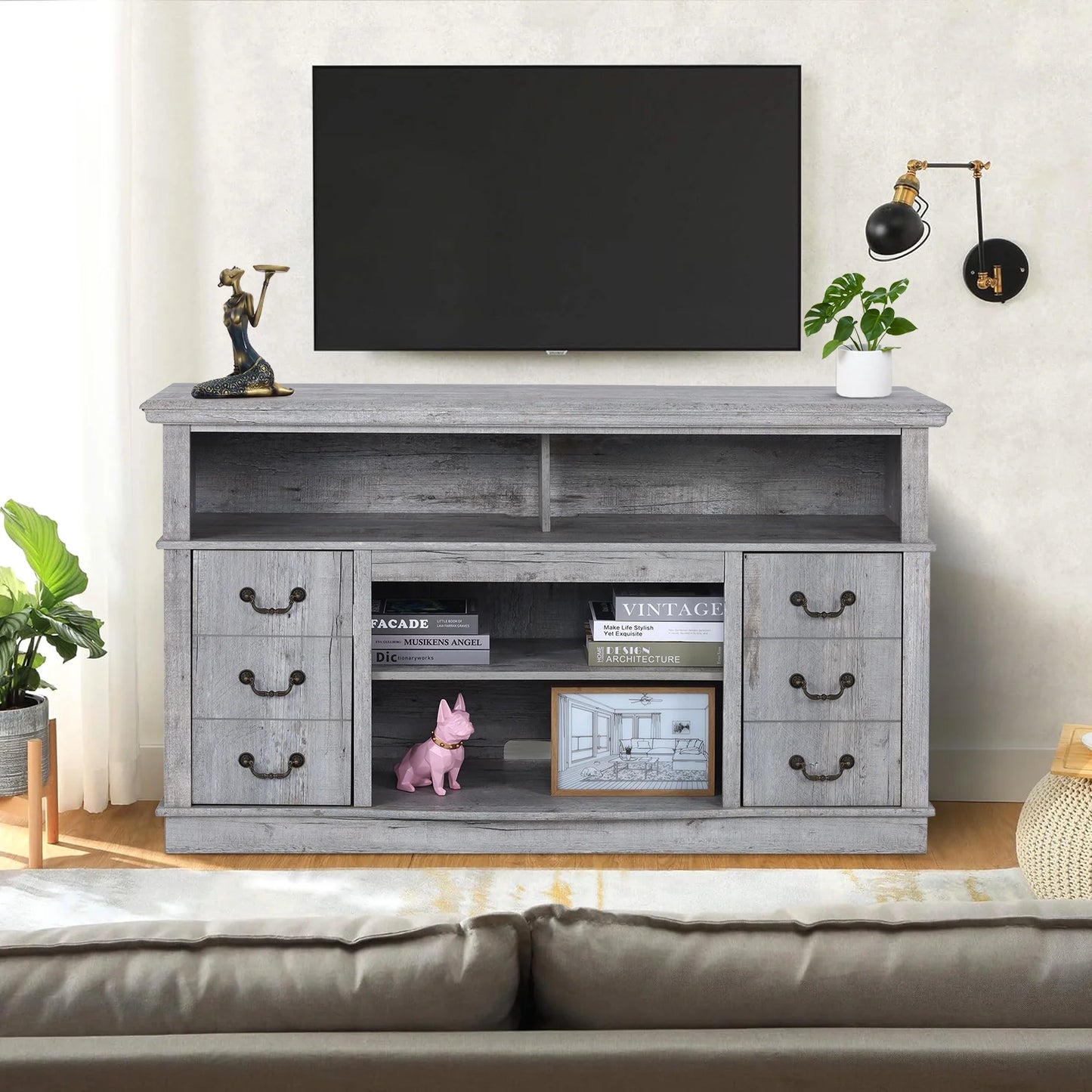 TV Stand for 65 Inch TV, Entertainment Center with Two Glass Barn Doors and Storage Cabinet Table, Farmhouse Style Media Console Table for Living Room(Coffee)