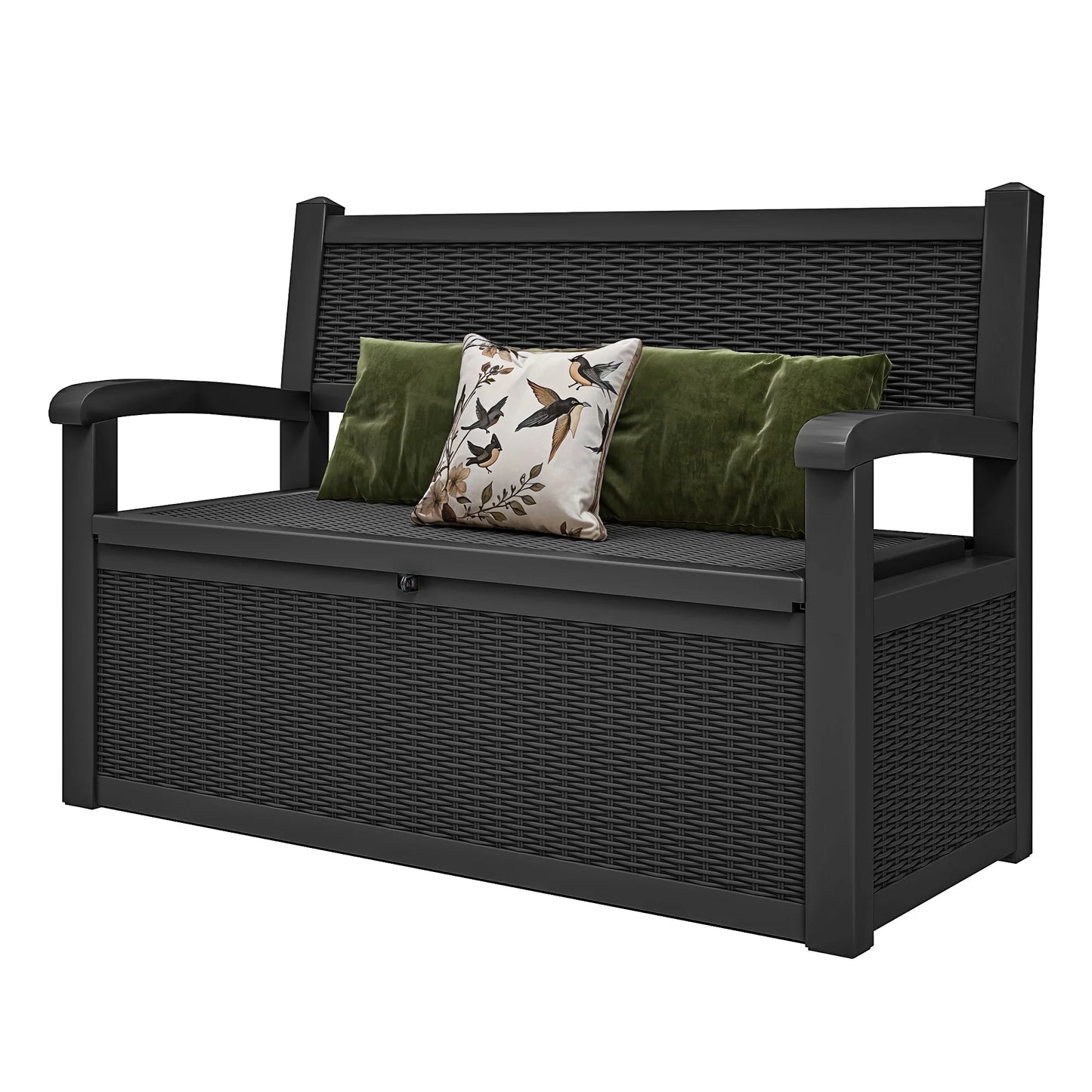 ModFusion 70-Gallon Outdoor Resin Storage Cabinet with Rattan Backrest �C Waterproof Patio Bench Seat, 500 lbs Capacity, Black