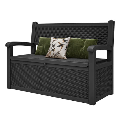 ModFusion 70-Gallon Outdoor Resin Storage Cabinet with Rattan Backrest �C Waterproof Patio Bench Seat, 500 lbs Capacity, Black