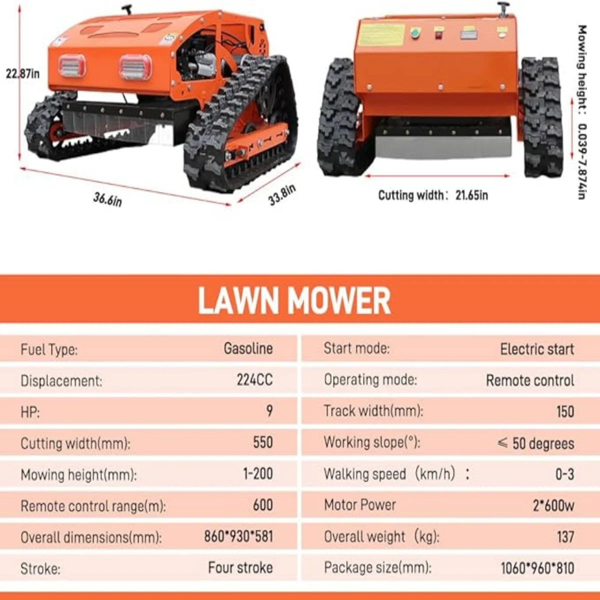 MachPro 300 lbs 9 HP Orange Remote Control Lawn, Mower Manganese Steel Blade, Adjustable Cutting Height, Speed, All Terrain Cordless Grass Cutter
