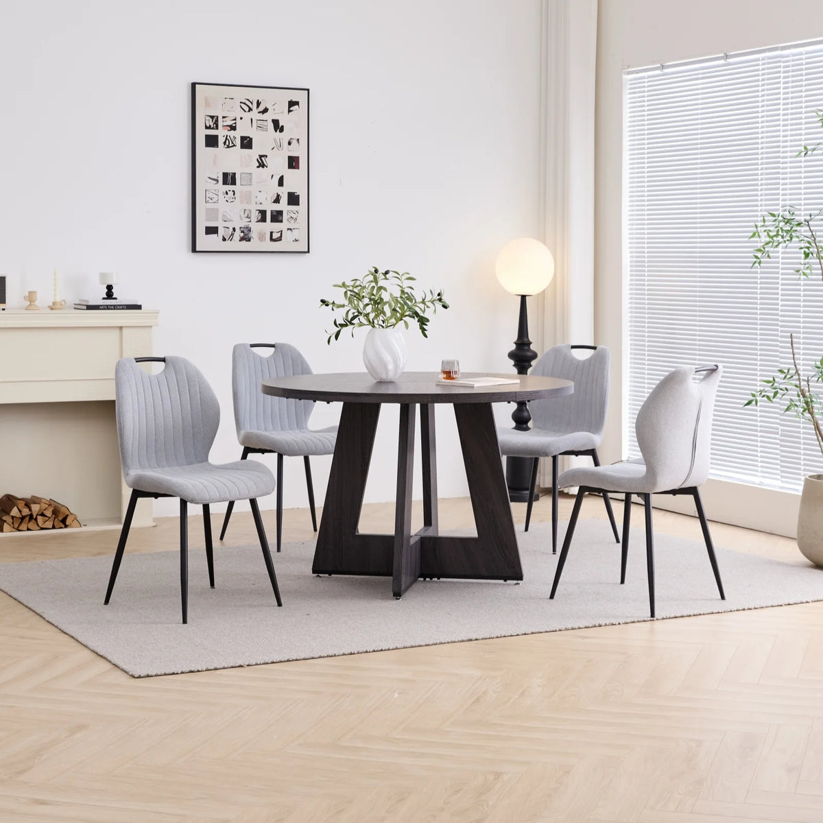5 Piece 47'' Round Dining Table Chairs Set for 4, Farmhouse Gray Kitchen Table with 4 Boucle Mid Century Modern Dinning Room Chairs, Wood Dinner Table &Upholstered Chair Set of 4, Beige