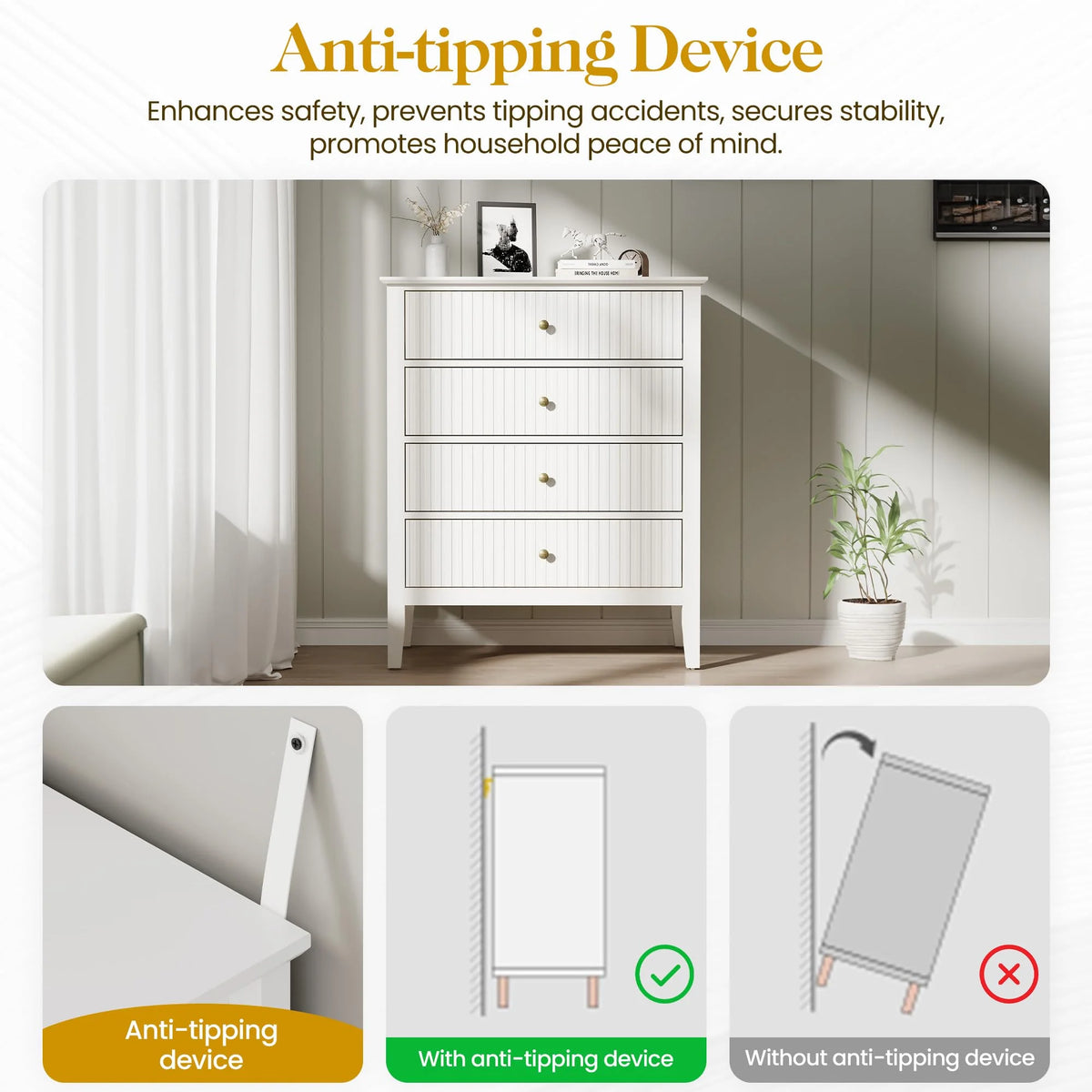 May Color Large White 3 Drawer Dresser Set of 2 with Fluted Panel, Modern Chest of Drawers with Silent Slide Drawers, Wood Accent Nightstand with Storage for Bedroom Living Room, Hallway