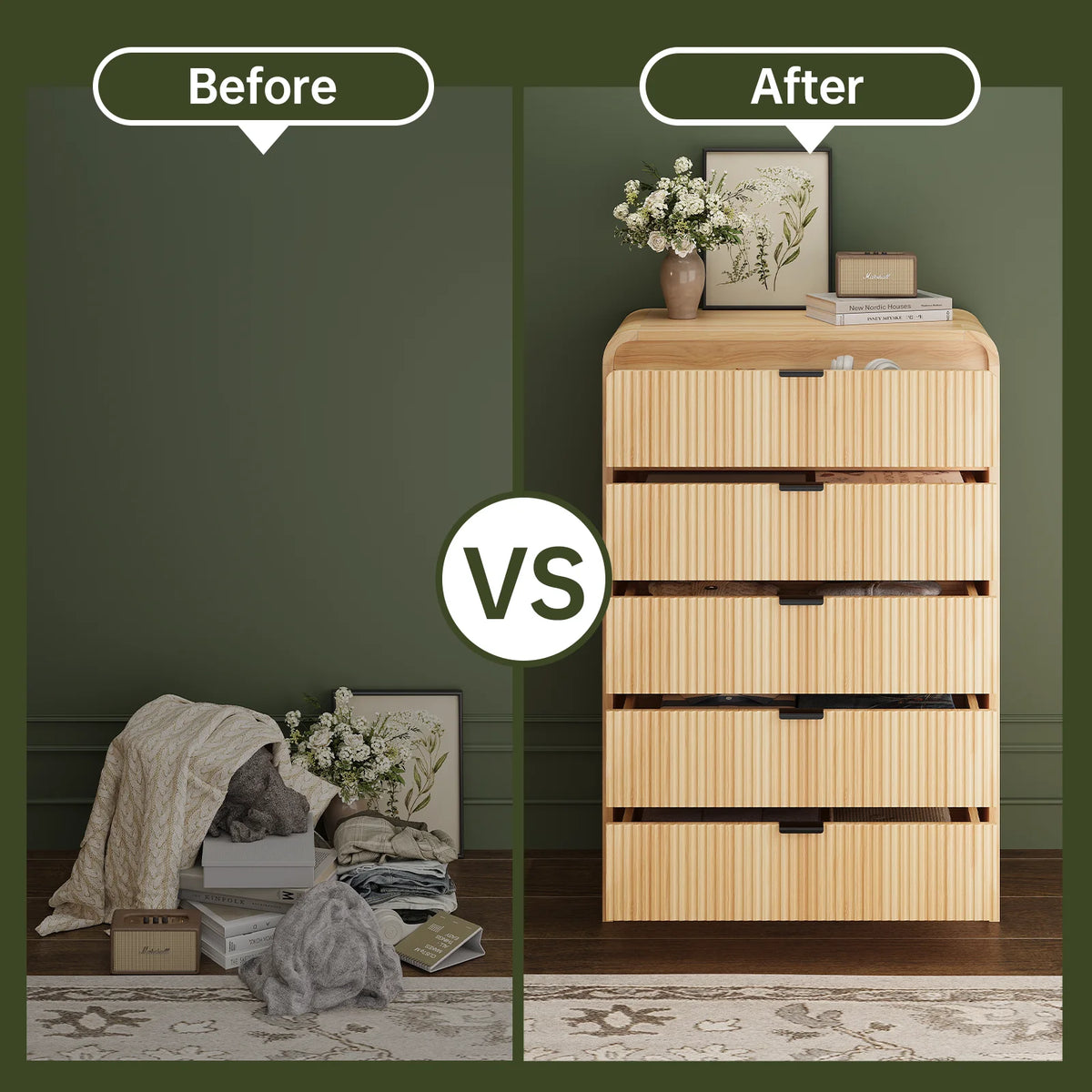 SELOOYE Fluted 5 Drawers Dresser for Bedroom, 47" Tall Modern Dresser Chest of Drawers, Black Accents, Fluted Fronts, Wood Storage Dressers Organizer for Bedroom, Living Room, Natural