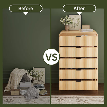 SELOOYE Fluted 5 Drawers Dresser for Bedroom, 47" Tall Modern Dresser Chest of Drawers, Black Accents, Fluted Fronts, Wood Storage Dressers Organizer for Bedroom, Living Room, Natural