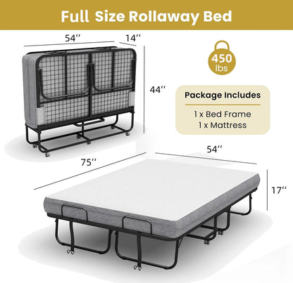 Full Size Folded Bed with Mattress, 75" x 54" Folding Bed, Twin Bed, Rollaway Bed Guest Bed for Adults with Sturdy Frame