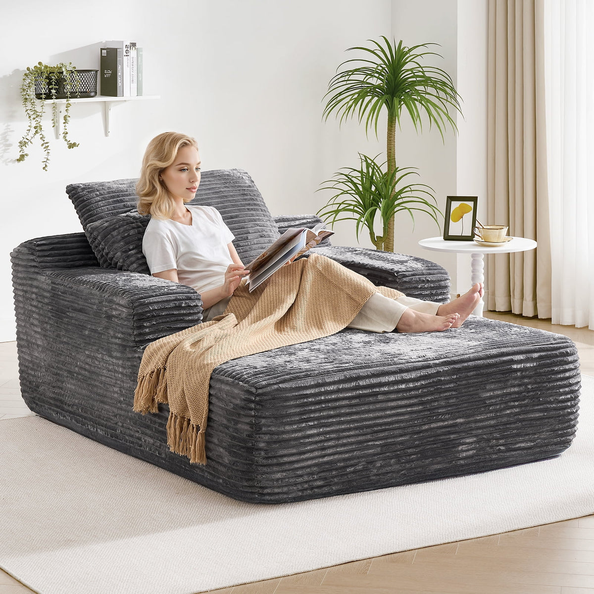 65" Corduroy Cloud Sleeper Chaise Lounge Chair, No Assembly Sofa Bed with Pillows, Beige