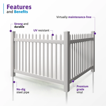 4ft H x 6ft W (1 Panel + 1 Post) No Dig WamBam Nantucket Fence Kit, White Vinyl Picket Fence Panel, Easy DIY Installation Fence Panel Kit, Durable Outdoor Fence for Yard or Garden, BL19101