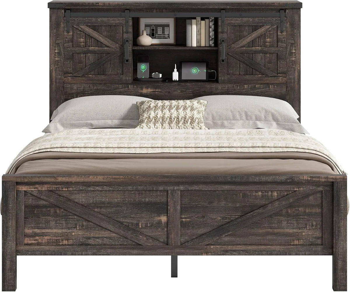 Merluxy Farmhouse Full Bed Frame with Storage Bookcase & Charging Station, Bedroom Furniture, Grey
