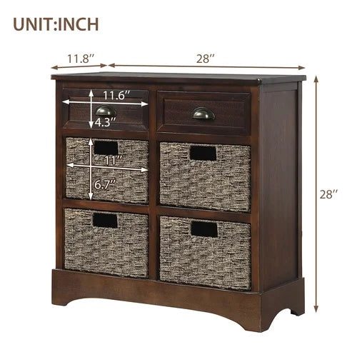 Rustic Storage Cabinet, Wood Accent Cabinet with 2 Drawers and 4 Rattan Baskets,Entryway Console Table Sofa Table for Living Room,Dining Room,White Washed