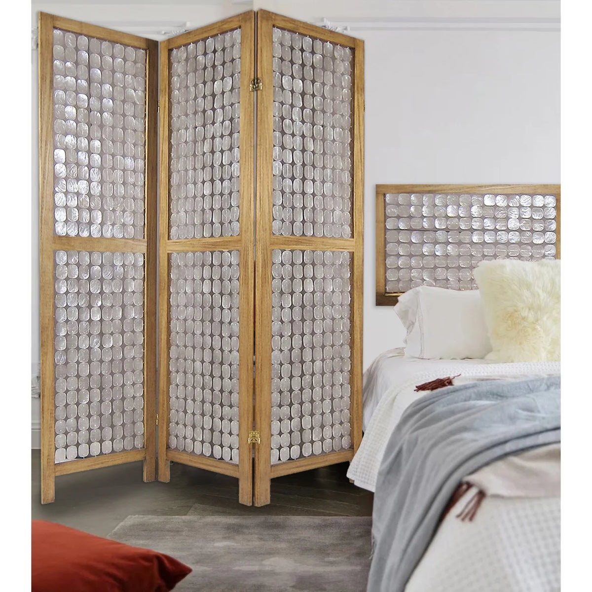 Sg-285A Princessa 4 Panel Screen Room Divider With Sandy Brown Finish