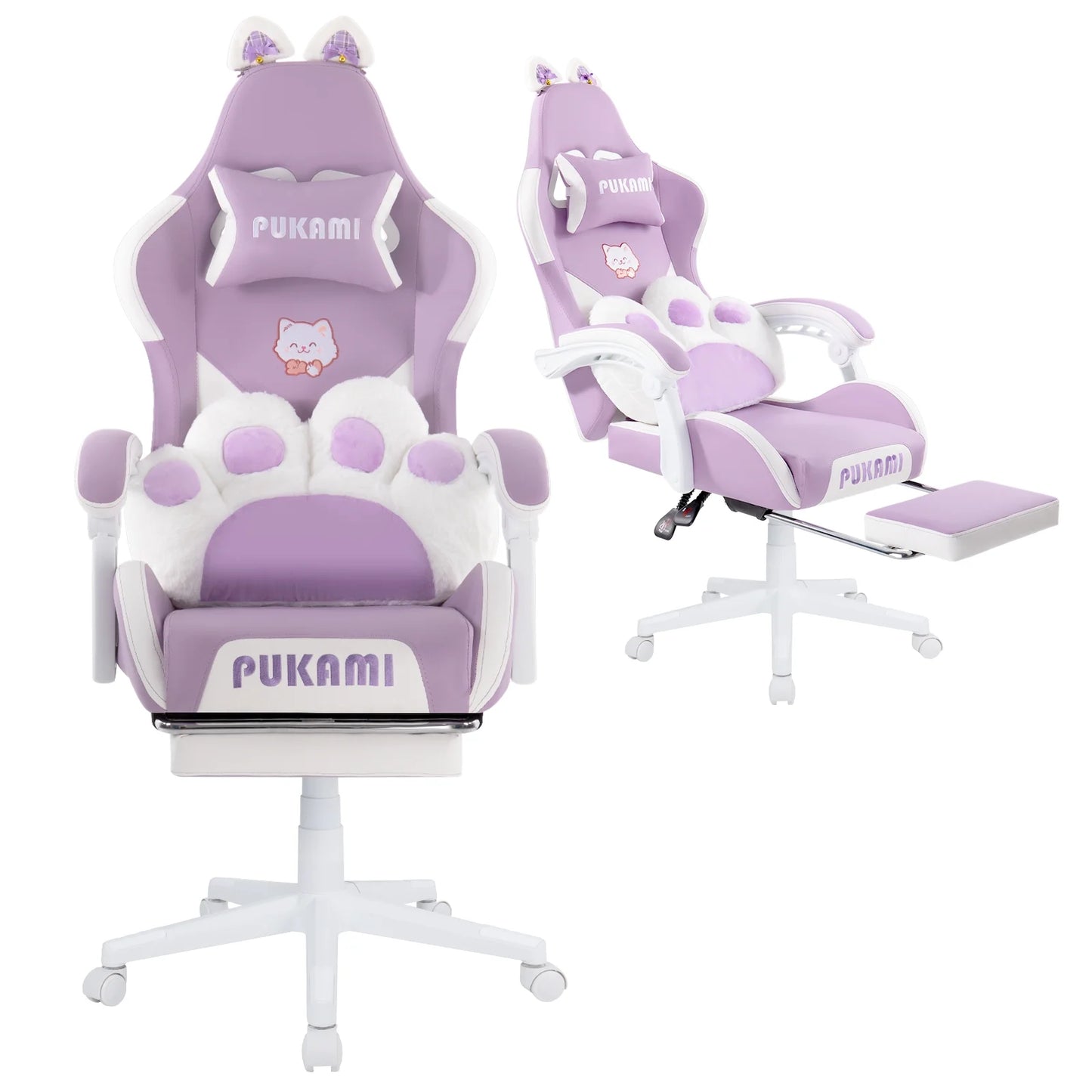 Waleaf Pink Gaming Chair with Cat Paw Lumbar Cushion and Cat Ears for Girls, Reclining Office Computer Chair with Footrest for Adults, Teens