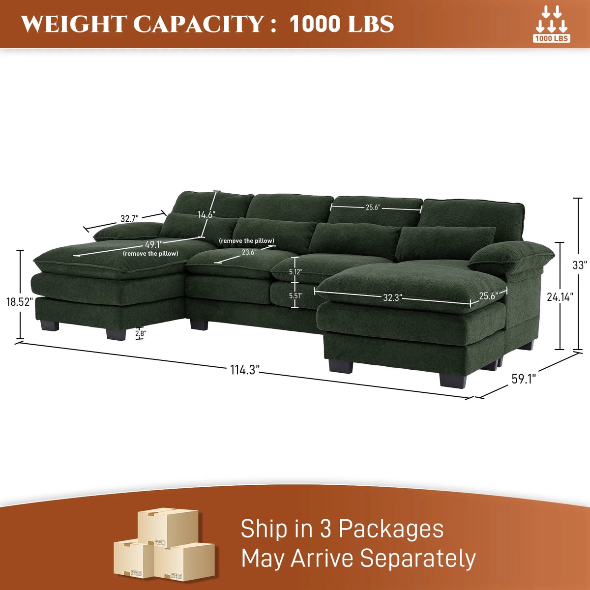 Rophefx 114.3" U Shaped Sectional Couches for Living Room,Cloud Couch,4 Seats Chenille Couch with Double Layer Cushion,Orange