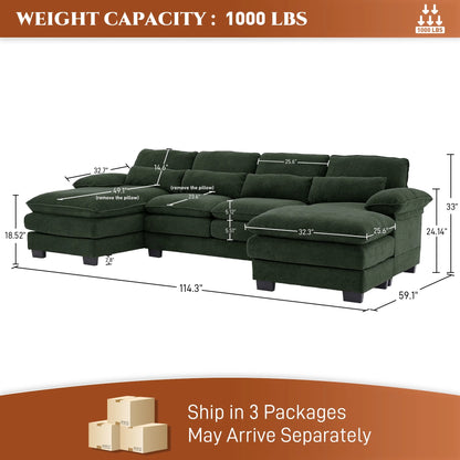 Rophefx 114.3" U Shaped Sectional Couches for Living Room,Cloud Couch,4 Seats Chenille Couch with Double Layer Cushion,Orange