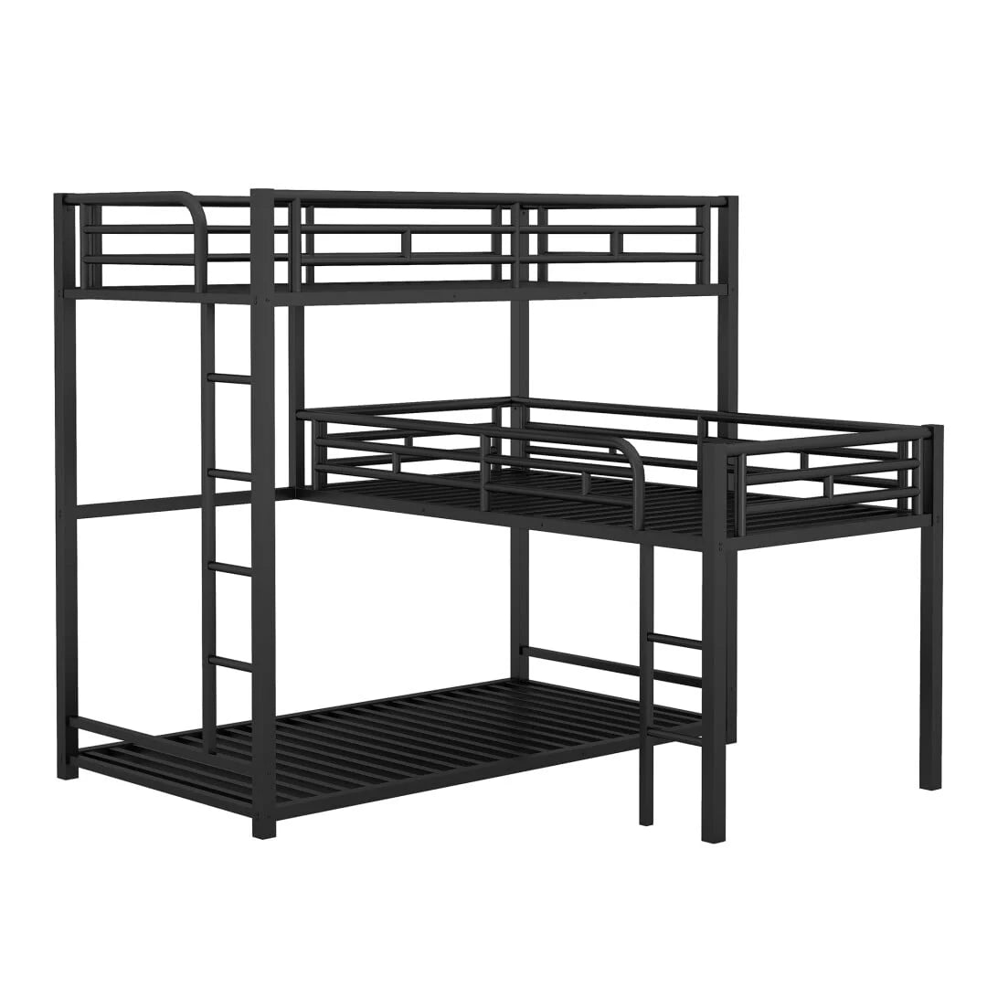 L Shaped Triple Bunk Bed for 3, Metal Triple Twin Size Bunk Beds Frame with Integrated ladder and Full-length Guardrails, Corner Triple Bunk Beds for Kids,Teens and Adults, Black
