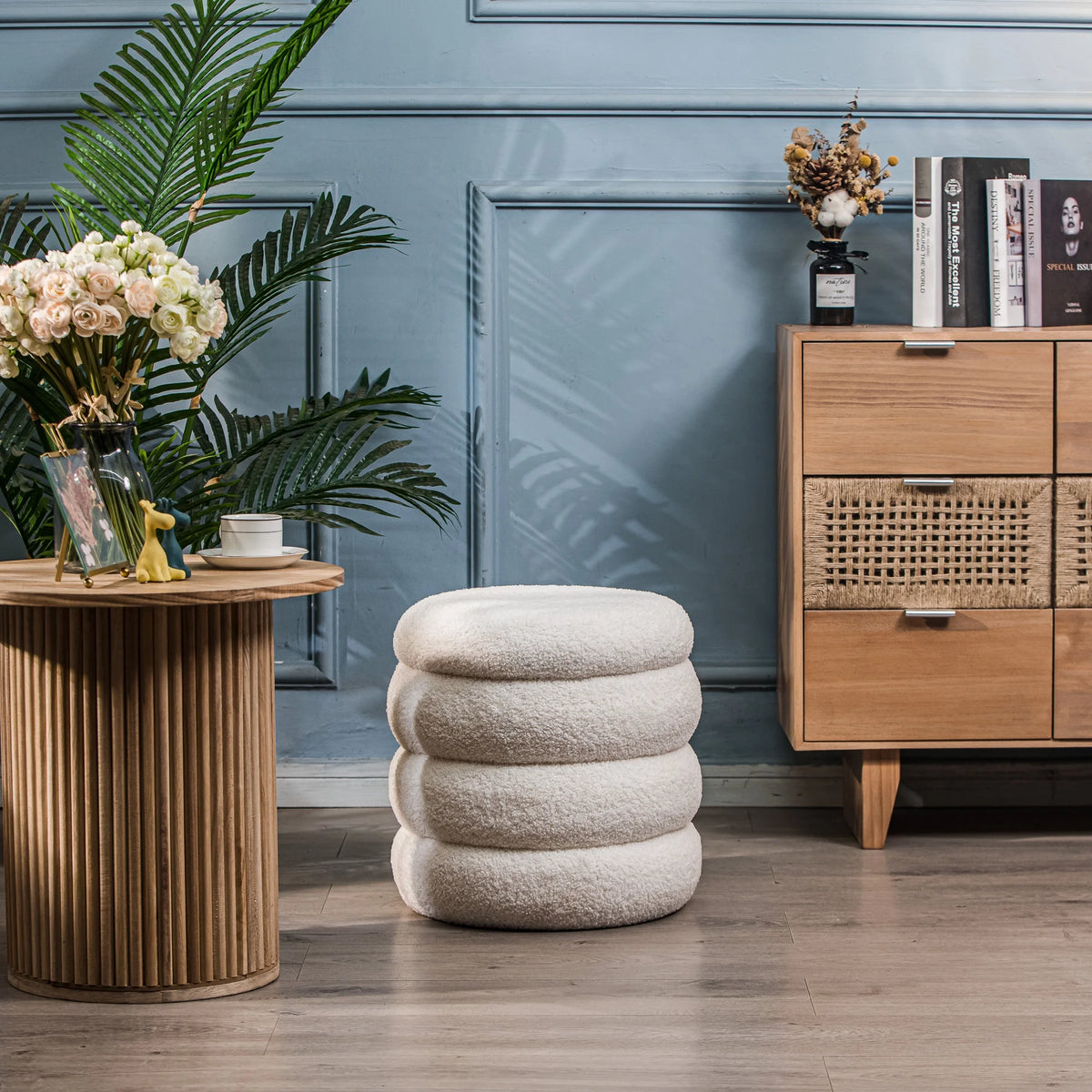 White Boucle Pouf with Storage Vintage Style Living Room