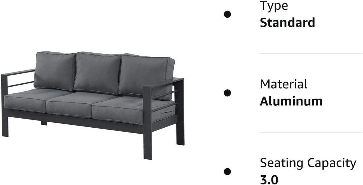 Superjoe Patio Furniture Aluminum Sofa All-Weather Outdoor 3 Seats Couch Gray Metal Chair with Dark Grey Cushions