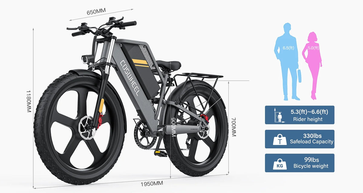 COSWHEEL T26 Electric Mountain Bike – 48V 1000W Motor, 15Ah Battery, 26"x4.0" All-Terrain Tires, Dual Suspension, Shimano 7-Speed