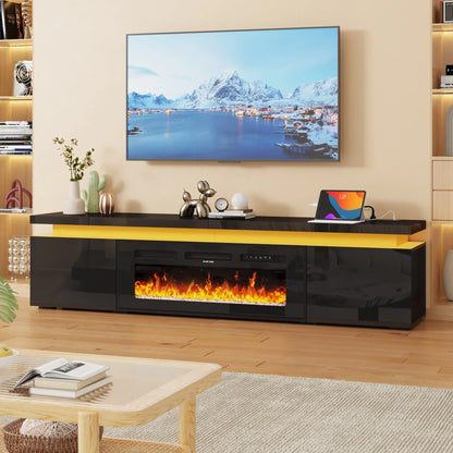 LED TV Stand for up to 85" TVs with Power Outlet, 75" Large Entertainment Center Console Table Gaming Soundbar Shelf with 2 Storage Cabinets