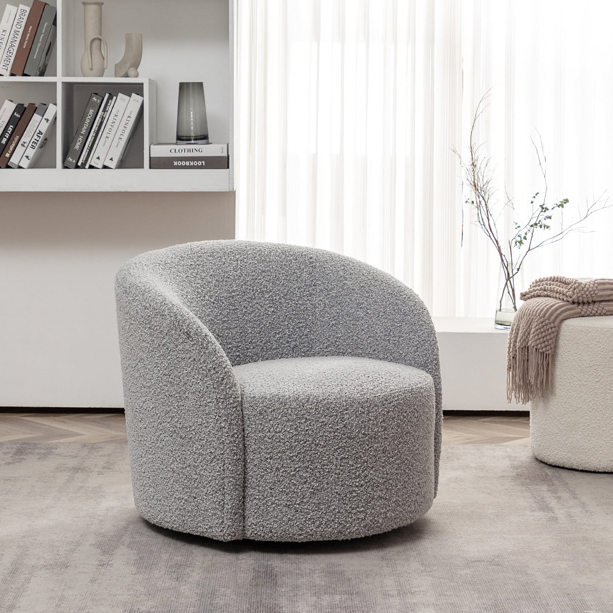 34" W Mid Century Modern Swivel Barrel Chair, Round Upholstered Boucle Swivel Accent Chairs, No Assembly Sofa Chair for Living Room Bedroom Reading Apartment Lounge Nursery(Cream)