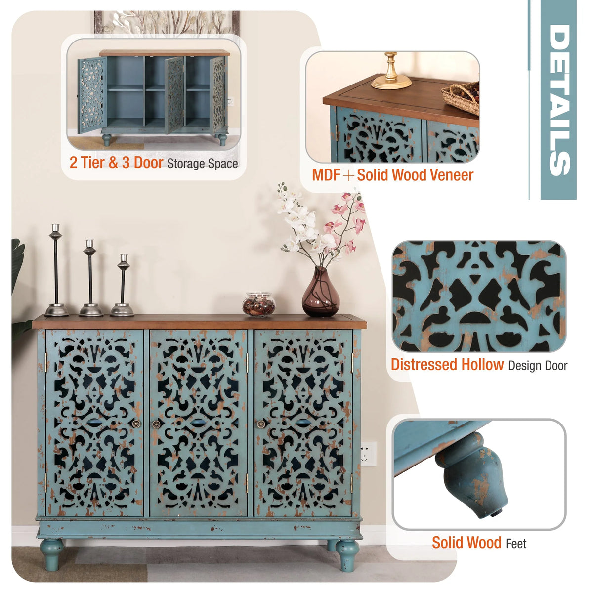 Sophia & William Hollow-Carved Credenzas and Sideboards, Wood Blue, 2 Shelves