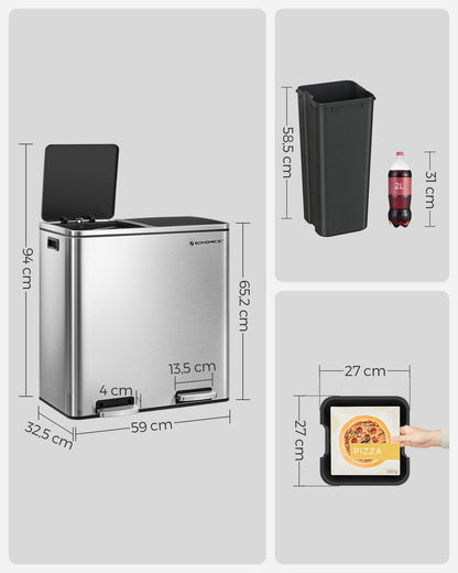 16 Gallon Dual Trash Can, Rubbish Bin and 15 Trash Bags, Metal, Almond Color