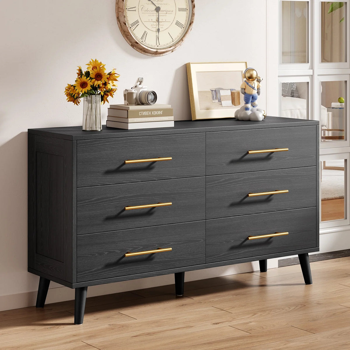 Noelse 3 Piece Bedroom Furniture Set, 6 Drawer Dresser with 2 Nightstands, Modern Wood Storage Organizer with Metal Handles for Bedroom, Living Room,Black