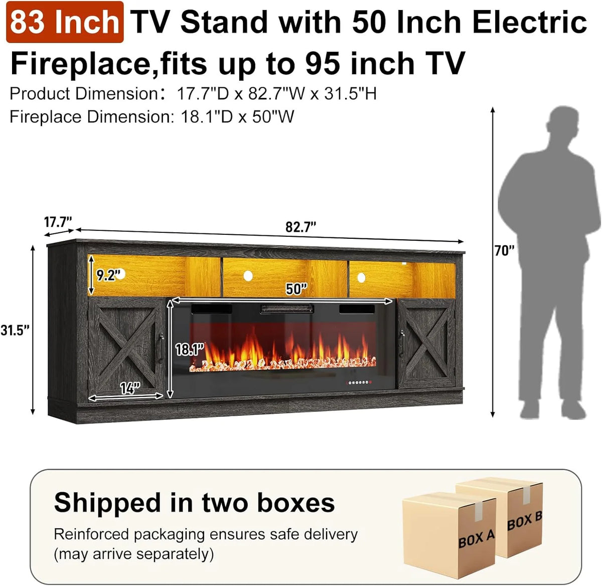 ChVans 70" Fireplace TV Stand for TVs up to 80" with 36" Electric Fireplace, Farmhouse Entertainment Center with LED, Wooden Media Console for Living Room, Bedroom