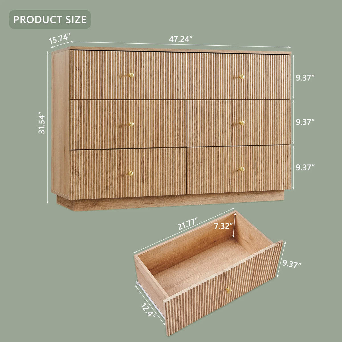 wow97e Fluted 6 Drawers Dresser, Wood 47" Tall Chest of Drawers with Deep Storage, Modern Bedroom Chest for Closet Hallway, Entryway, Living Room
