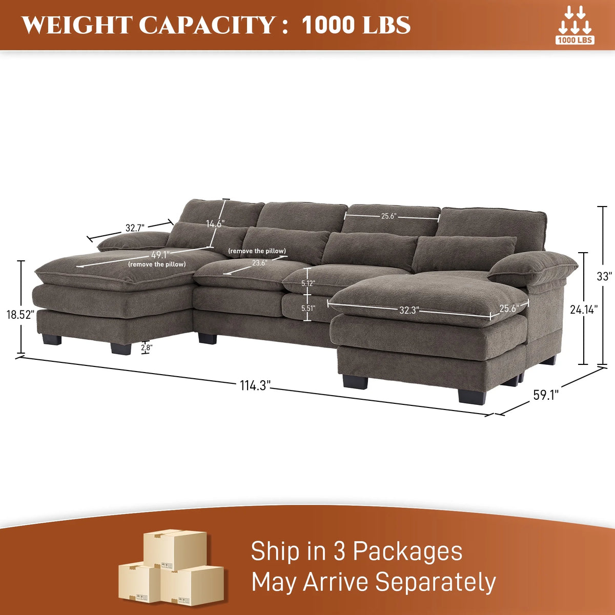 Rophefx 114.3" U Shaped Sectional Couches for Living Room,Cloud Couch,4 Seats Chenille Couch with Double Layer Cushion,Orange