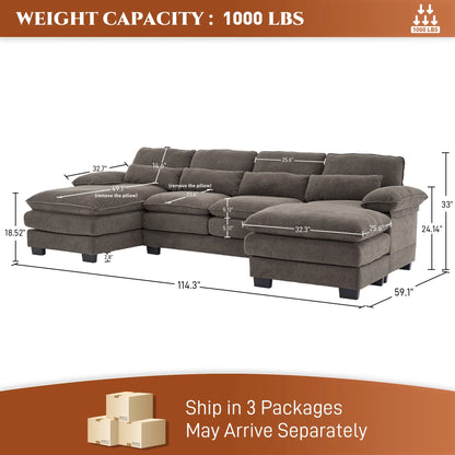 Rophefx 114.3" U Shaped Sectional Couches for Living Room,Cloud Couch,4 Seats Chenille Couch with Double Layer Cushion,Orange
