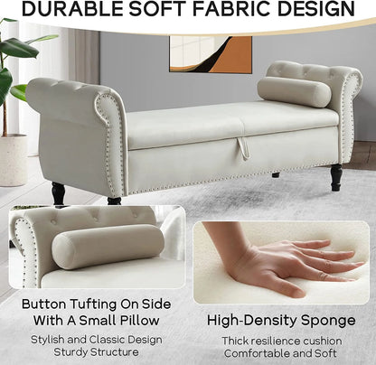 Sumdeal 43.5" Storage Ottoman Bench with 250lb Seating, Linen Upholstered Wood Legs Safety Hinge Flip Top Oval Foot Rest Long Stool for Sofa Couch Bedroom End of Bed Living Room Entryway, White