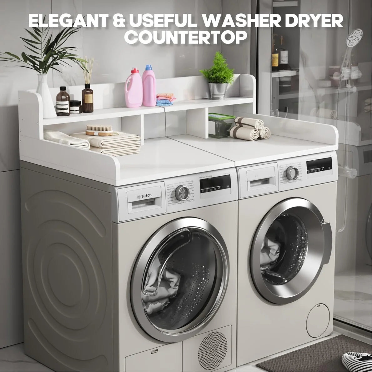 Modern Washer Dryer Countertop with 2-Tier Shelf,Laundry Room Countertop Organization Storage with 2.75" H Guard Edge Rails,Non-Slip Pad,Waterproof and Easy to Clean,54"W x 27.55"D,Natural Wood