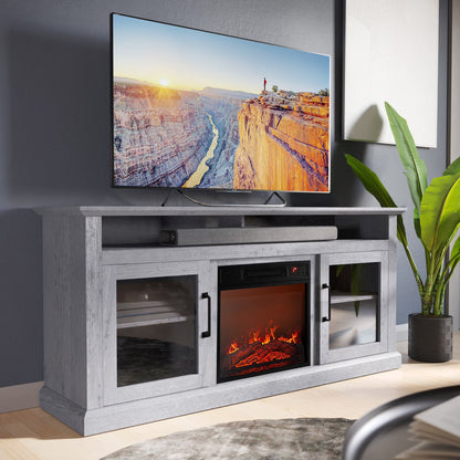 BELLEZE 60" TV Stand with 18" Electric Fireplace, Traditional TV Stand for TVs up to 65", Modern Media Entertainment Center Console Table with Open Storage Shelves & Cabinets - Cayman (Rustic Grey)