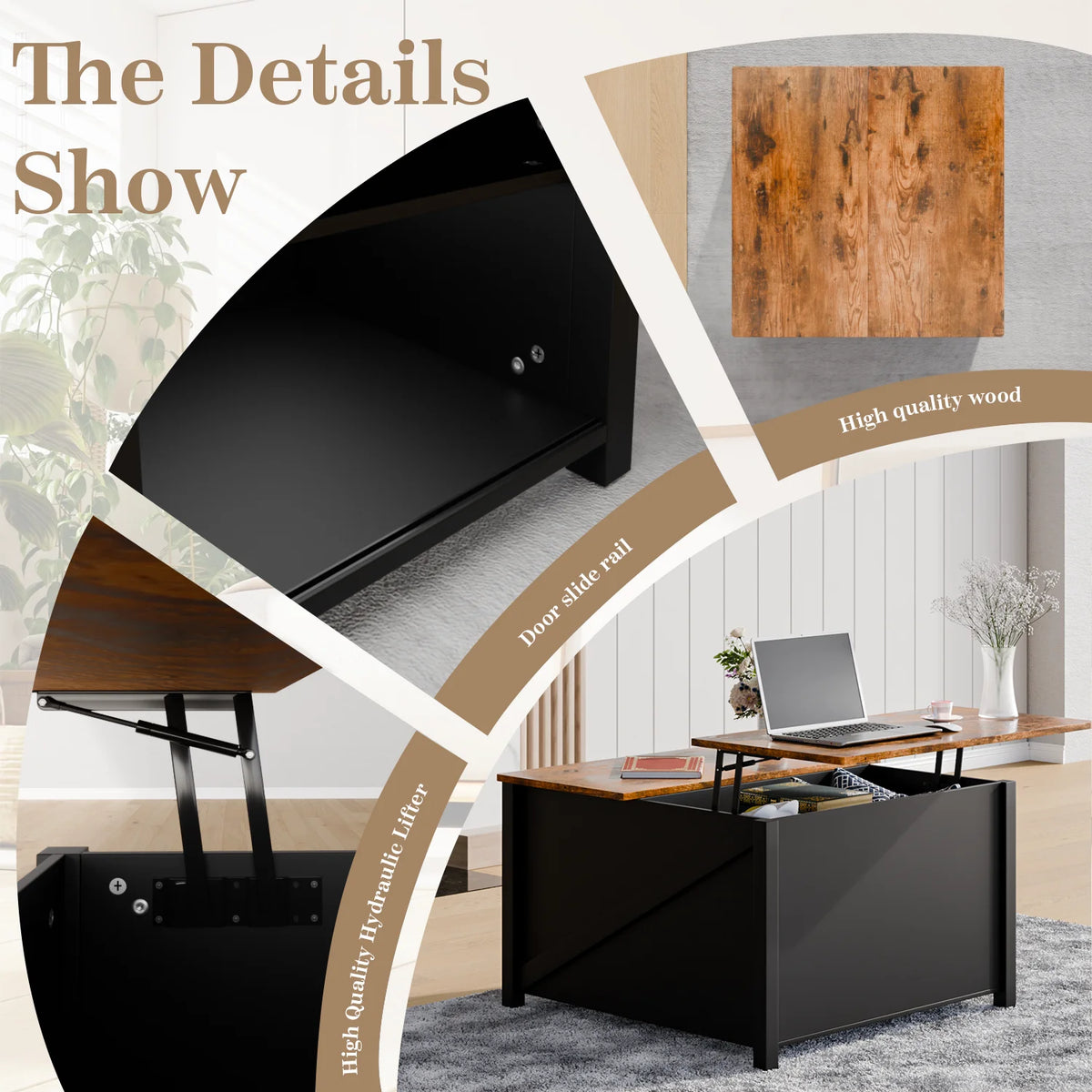 Waleaf Wooden Coffee Table, Lift Top Coffee Table with Large Hidden Storage Shelf for Living Room