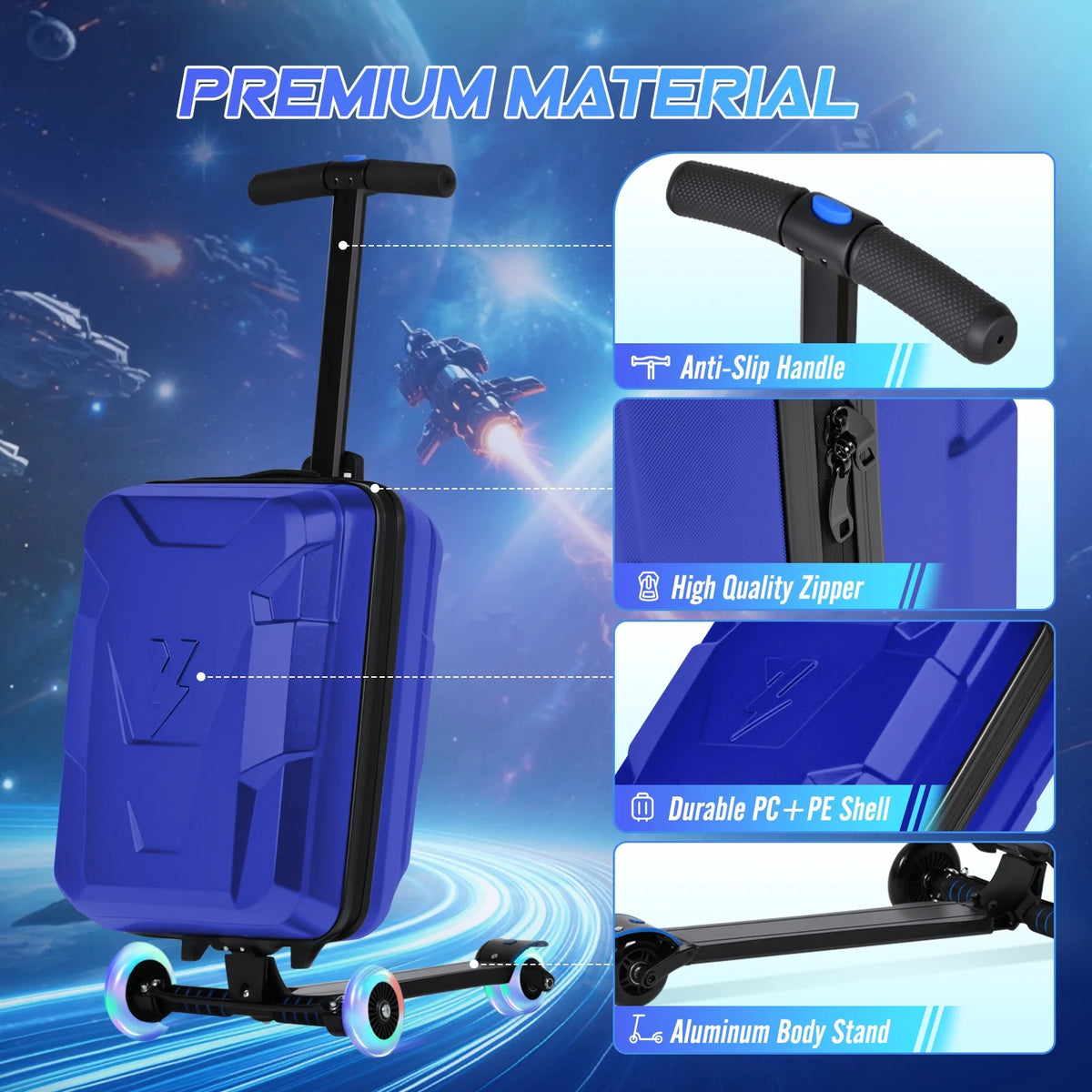 Advwin Ride-On Scooter Suitcase with LED Light-up Wheels, Hardshell Lightweight Foldable Rideable Luggage for Kids & Adults, Silver