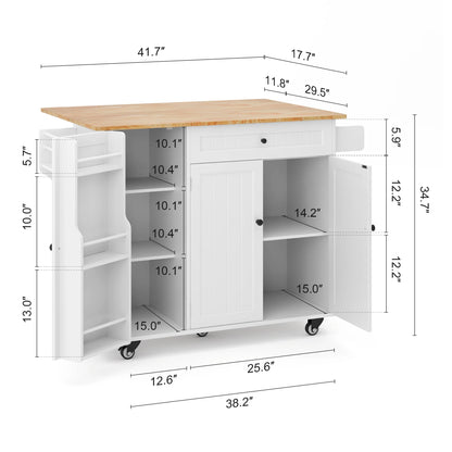 Noelse Kitchen Island with Storage, Island Table for Kitchen with Drop Leaf, Spice Rack, Towel Bar for Small Kitchens, White