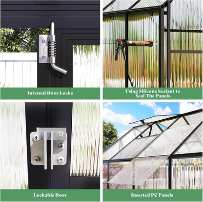 Jocisland 8x8x7 FT Polycarbonate Walk-In Greenhouse with Aluminum Frame, 2 Top-Opening Windows & 2 Swing Doors, Heavy Duty for Outdoor Garden Use, Black