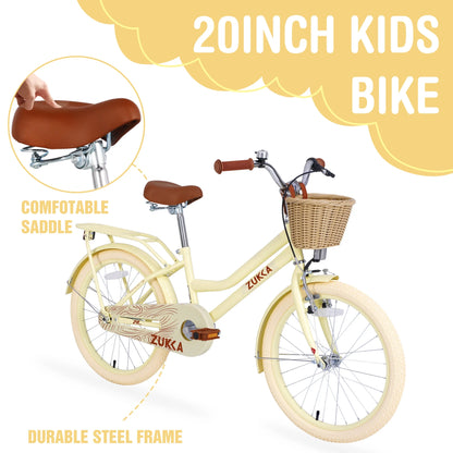 Girls Bike with Basket for Kids 7-10, 20" Kids' Bicycles Leather Saddle & Safety Bell, Pink