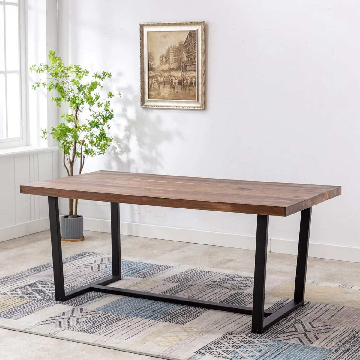 ChVans Dining Table for 4-6 Person, Rustic Farmhouse Solid Wood Dining Table with Metal Frame for Kitchen Meal(Brown-72 in Dining Table)