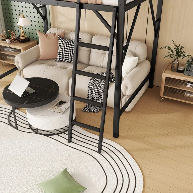 Duxelifin Queen Size Metal Loft Bed Frame, Heavy Duty Steel High Loft Bed with Storage Shelves & Ladder, Space-Saving Loft Bed for Apartments, Adults, Teens & Juniors (Black)