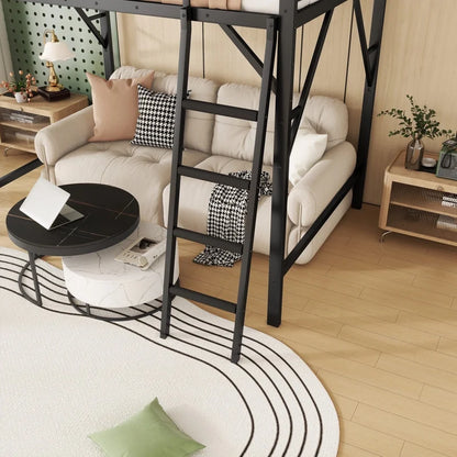 Duxelifin Queen Size Metal Loft Bed Frame, Heavy Duty Steel High Loft Bed with Storage Shelves & Ladder, Space-Saving Loft Bed for Apartments, Adults, Teens & Juniors (Black)