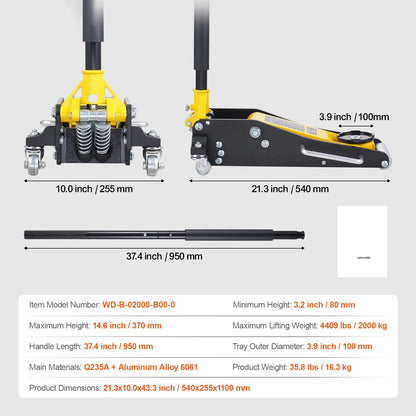 KFFKFF Low Profile Floor Jack, 2 Ton Capacity, Dual Piston Fast Pump, Hydraulic Auto Jack, 3.2"-14.6" Lift Range, Robust for Racing & Heavy Duty Use (Yellow)