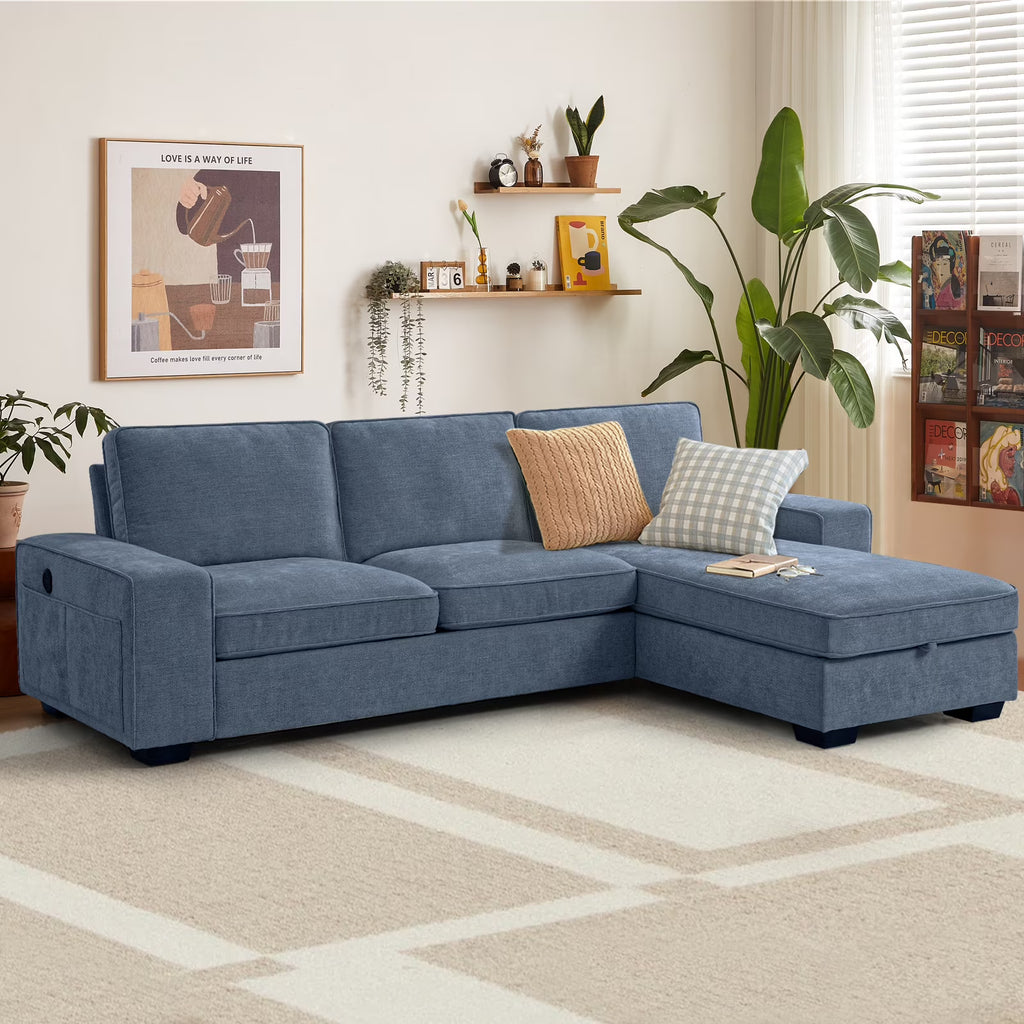 ASHOMELI 99'' Convertible Sectional Sofa,L Shaped Couch,Multi-Functional Reversible Sofa with USB and Type-C Charging Ports, Storage Space, Breathable Fabric