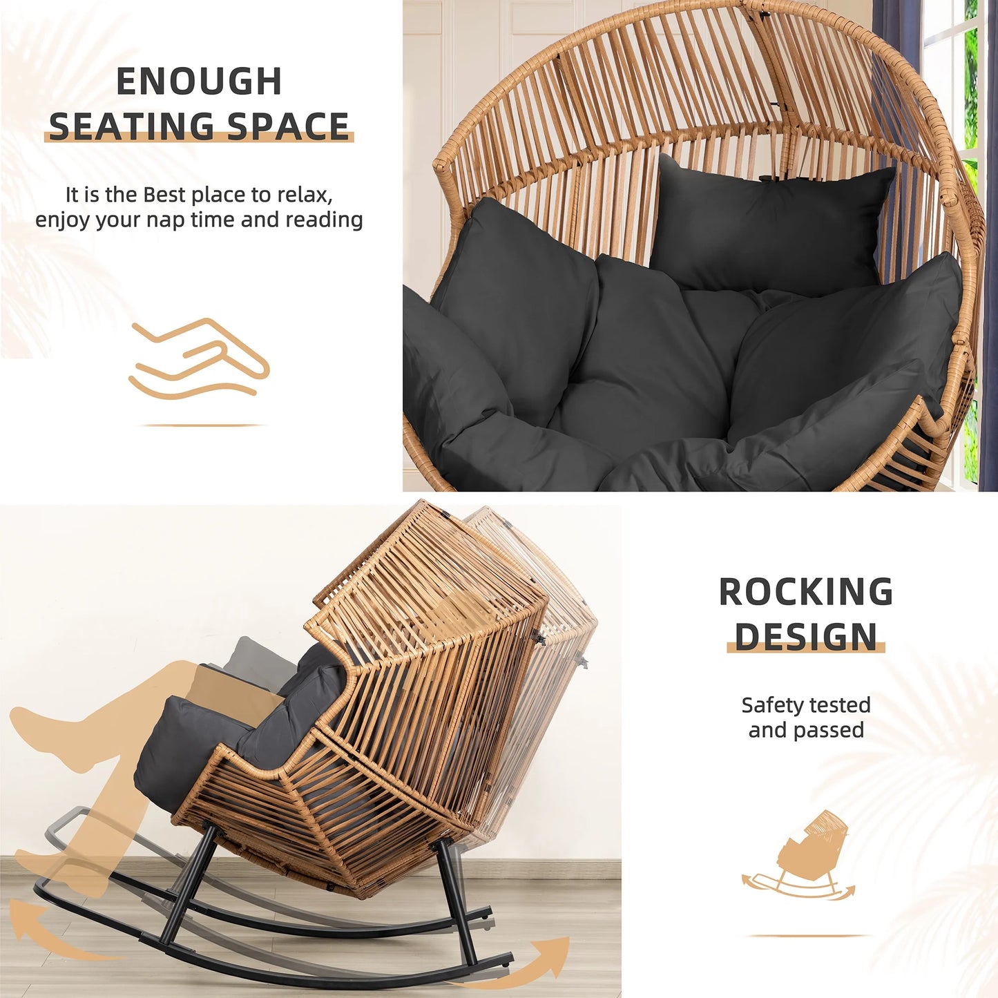 Walsunny Egg Chairs Outdoor Patio Wicker Oversized Egg Shell Lounger Lawn Chair with Cushion for Indoor Outside Porch Balcony Backyard, Original Wood Color Rattan Beige Cushion