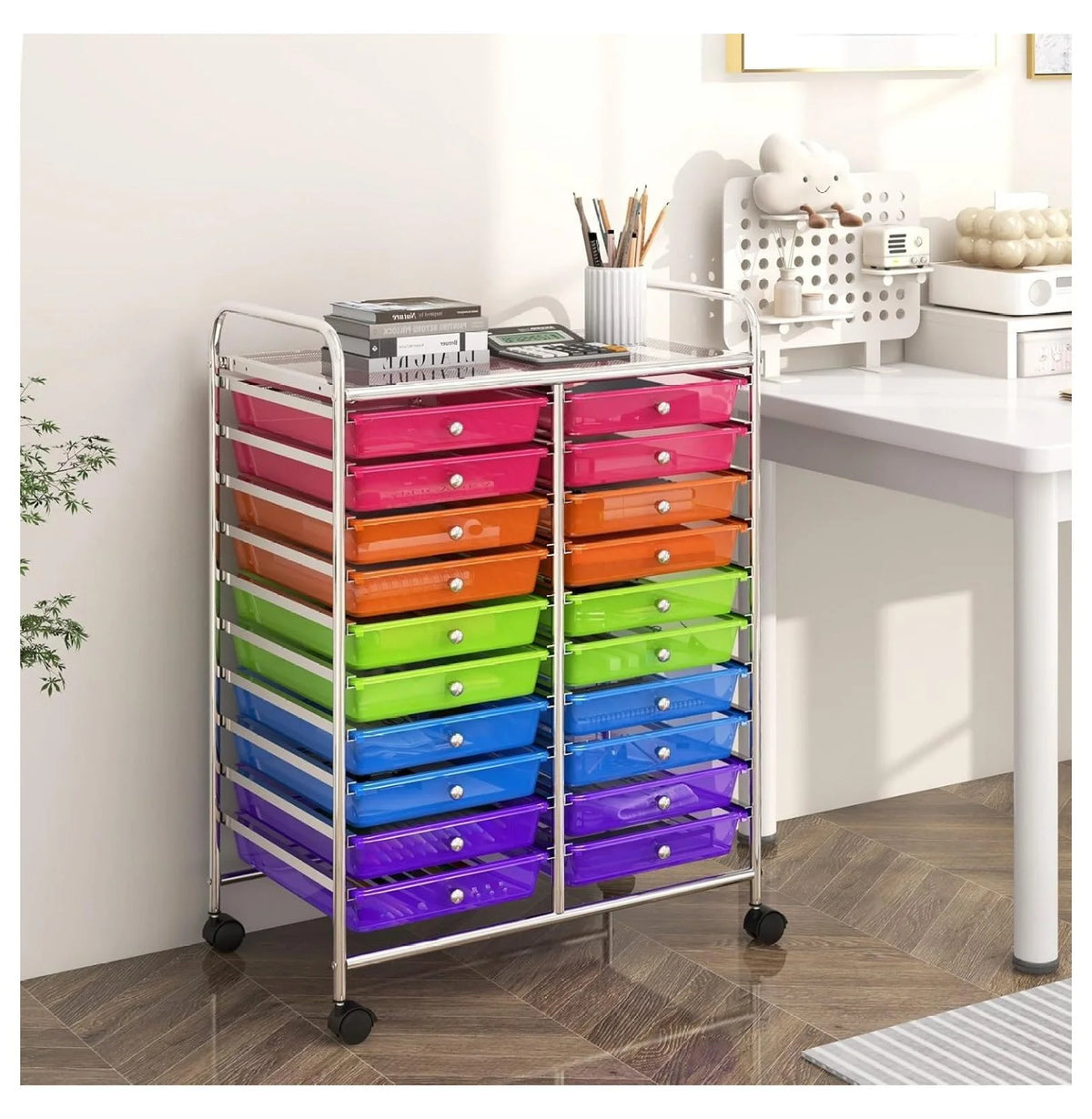 20 Drawers Storage Cart w/Rolling Wheels, Semi-Transparent Mobile Rolling Drawer Cart for School Classroom Office Home Salon, Files Scrapbook Craft Organizer, Utility Cart on Wheels (Clear)