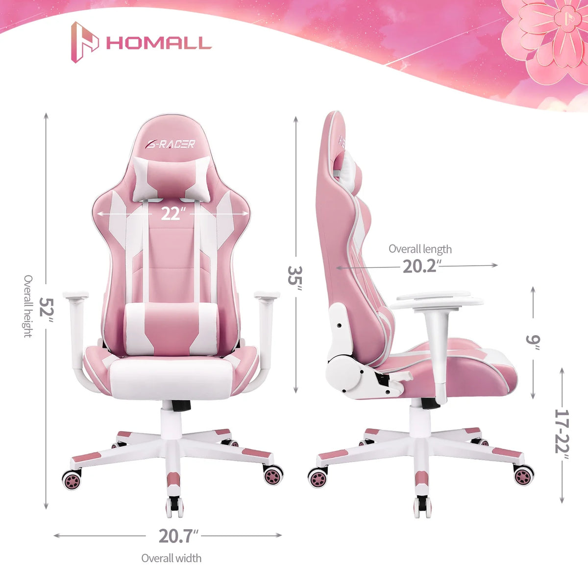Homall Gaming Chair office Chair with Headrest & Lumbar Support, Pink